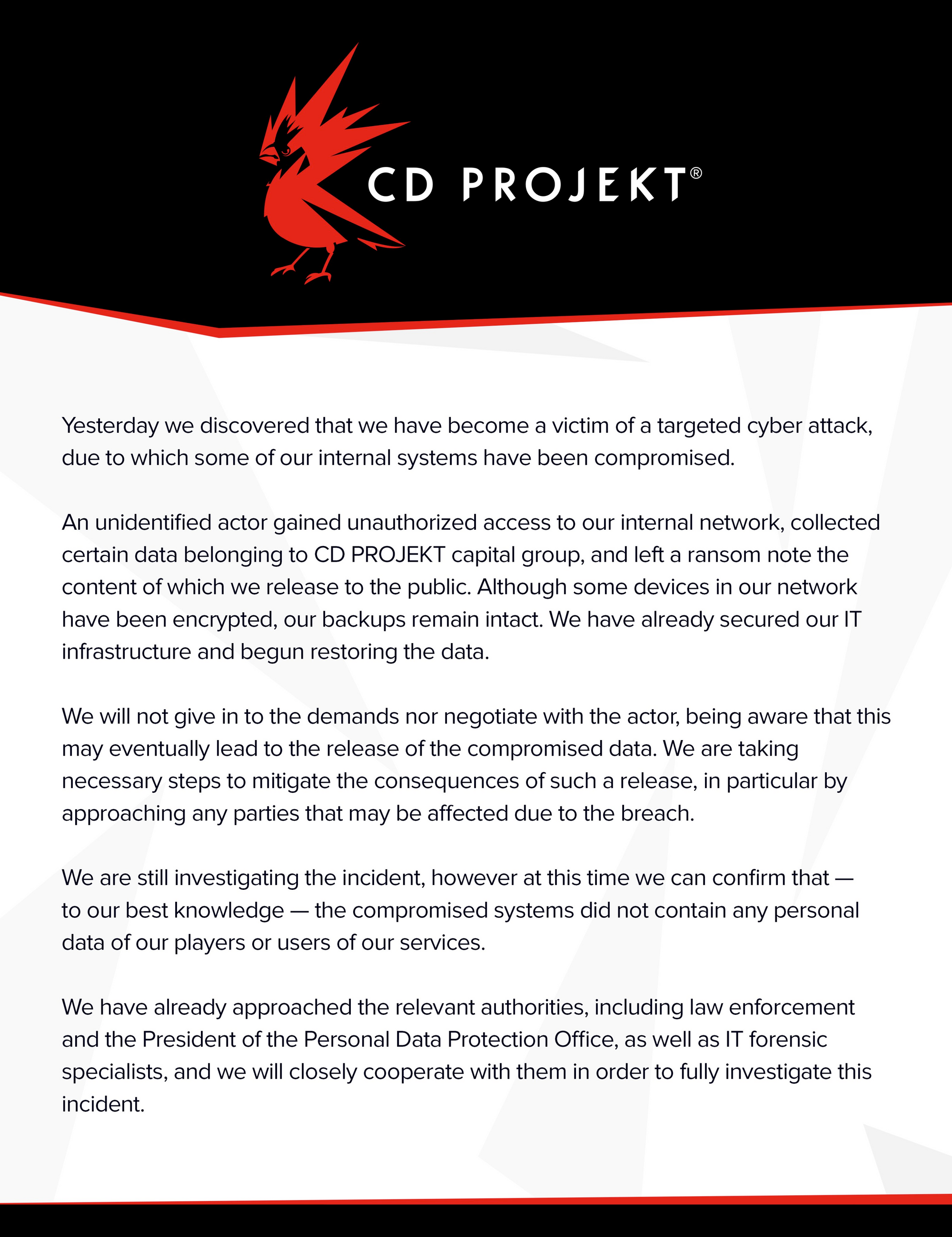 Comunicado é muito semelhante ao comuncado de junho de 2017. Foto: CD Projekt.