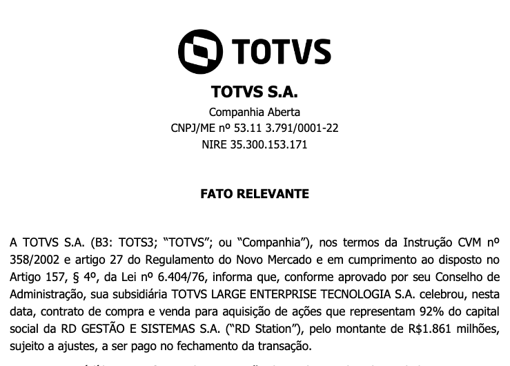 Reprodução do comunicado enviado aos investidores da empresa. Foto: TOTVS