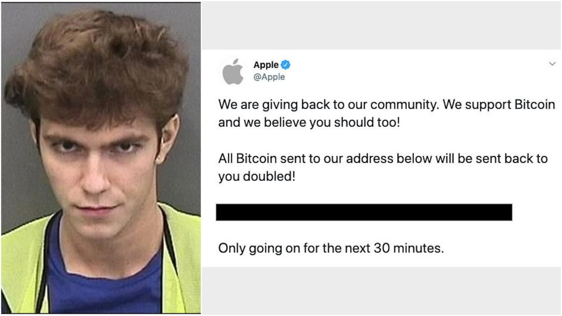 Graham a esquerda e a mensagem deixada no perfil verificado da Apple após ser invadido. Foto: Hillsborough County Sheriff's Office