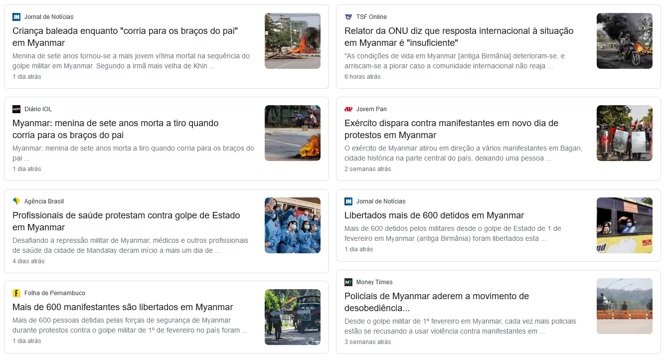 Reunião de notícias recentes sobre a situação de Myanmar, extraídas da aba "Notícias" do Google.