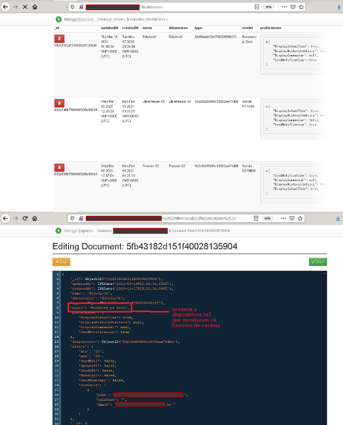Aqui, o pesquisador indica informações de dispositivos como freezers e medidores de refrigeração de vacinas. Foto: Hacker do Bem.