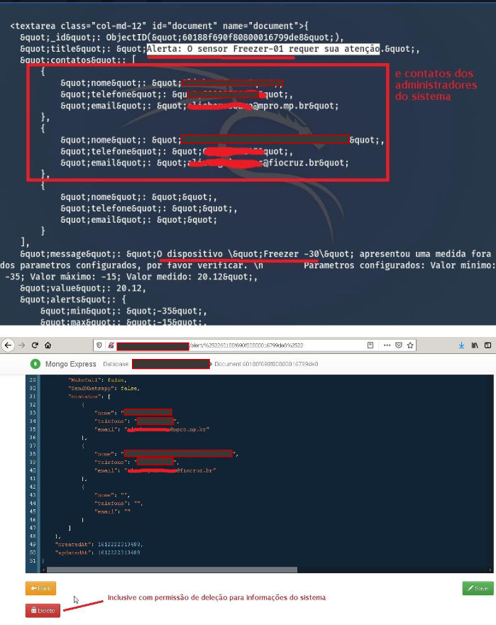 Informações confidenciais dos responsáveis pelos sistemas também ficam expostas. Foto: Hacker do Bem.