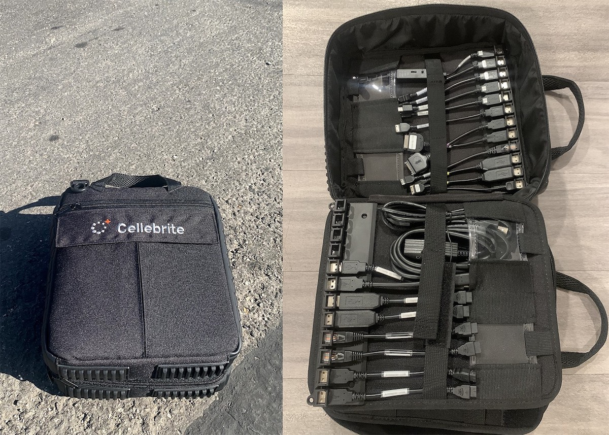 Kit Cellebrite com o software mais atualizado e cabos adaptadores, encontrado por Marlinspike. Foto: Signal.