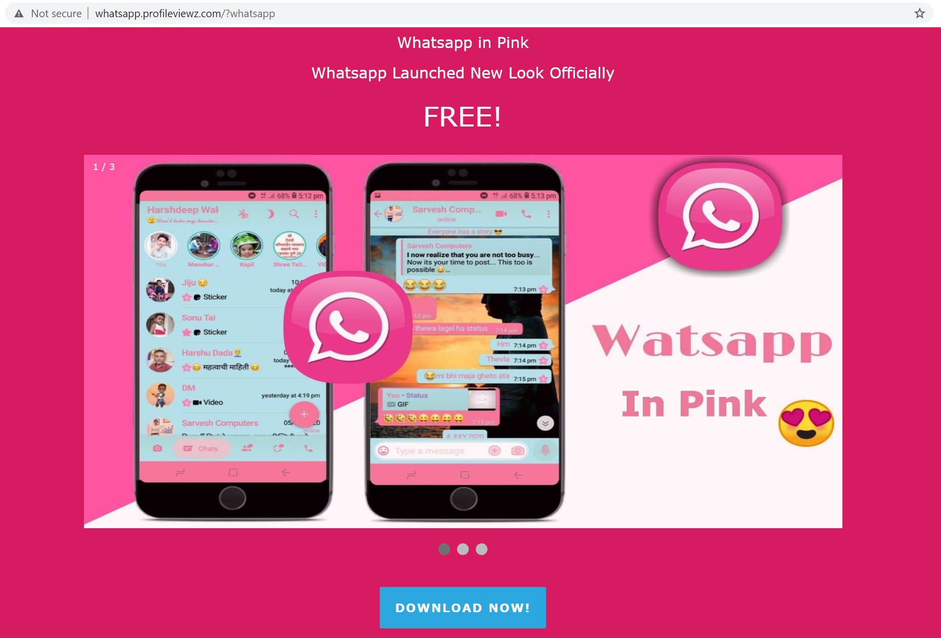 Anúncio de atualização falsa que permite alterar a cor verde do WhatsApp para rosa. Foto: Rajshekhar Rajaharia