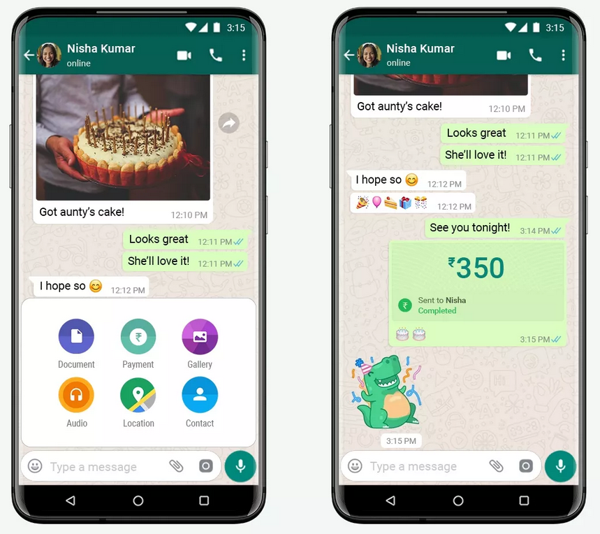 Exemplo de aplicação do WhstaApp Pay. Foto: WhatsApp.