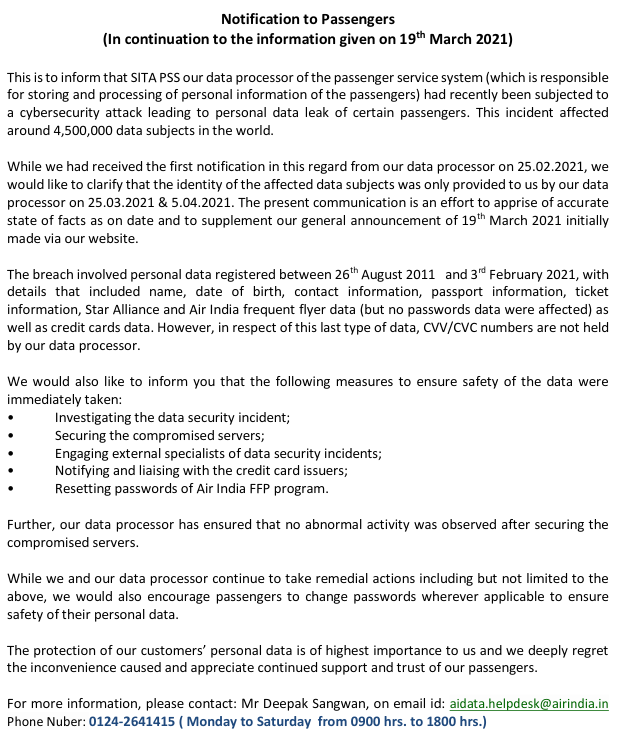 Comunicado encontrado no site oficial da empresa. Foto: Air India.
