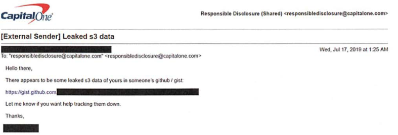 E-mail enviado à Capital One através do programa de bug bounty da empresa, relatando o vazamento de dados. Foto: Nelson Novaes Neto e Anchises Moraes.