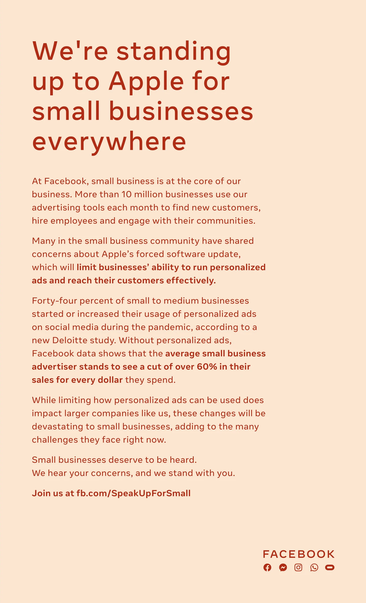 Anúncio do Facebook, de página inteira, veiculado no The New York Times, com uma mensagem contra as medidas de privacidade anunciadas pela Apple. Foto: The New York Times.