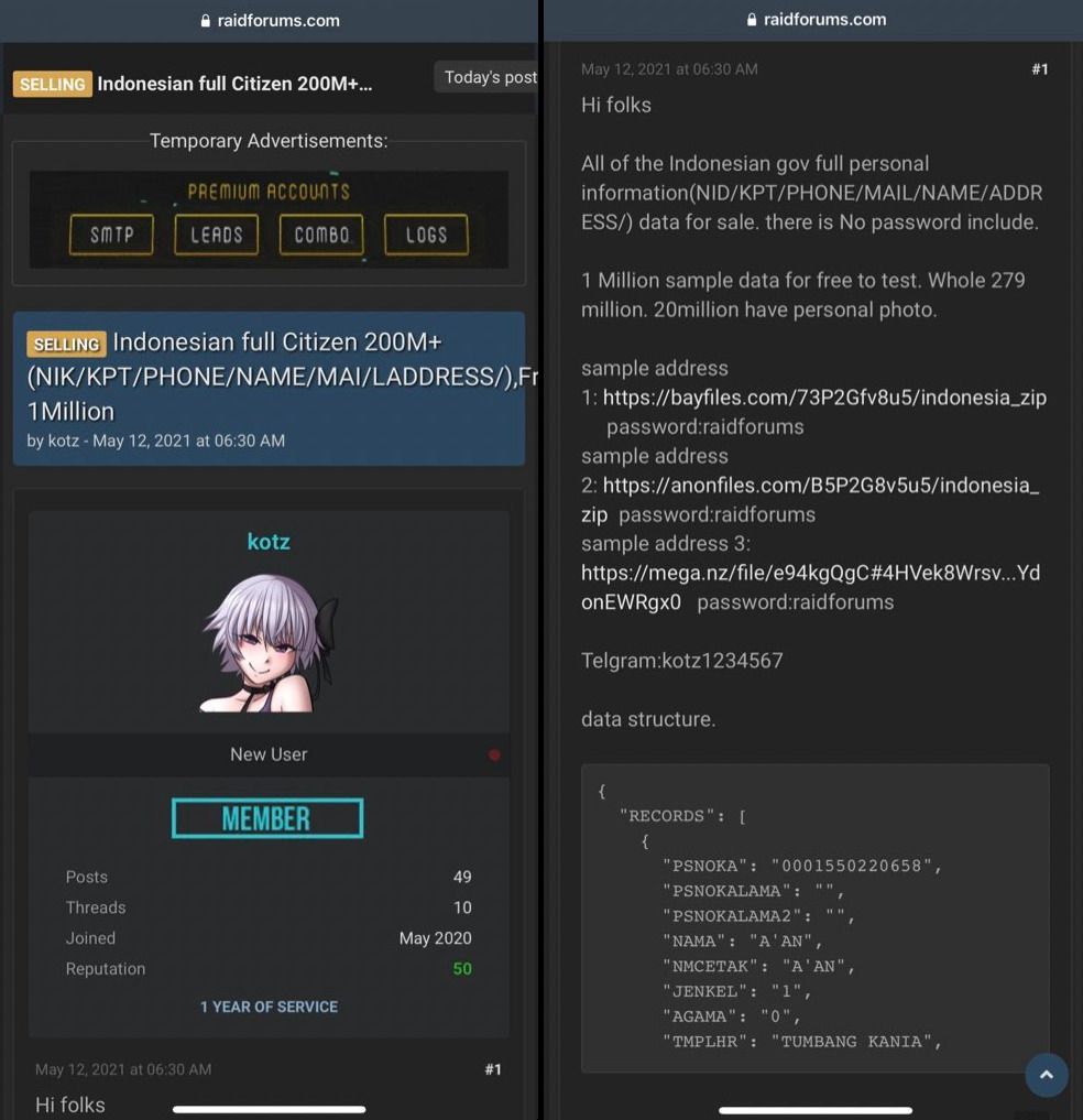 Usuário identificado como kotz garante ter dados de quase toda população indonésia, incluindo mortos. Indonésia tinha, em 2017, cerca de 270 milhões de habitantes segundo levantamentos locais. Foto: Nuice Media.