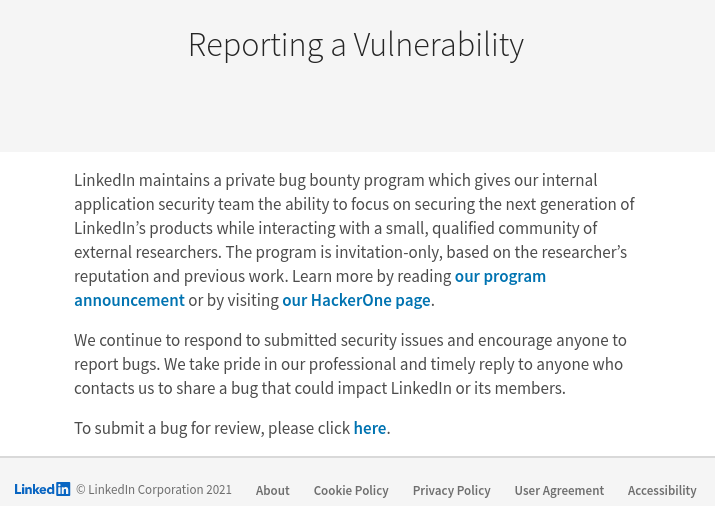Procedimento indicado de como reportar uma vulnerabilidade ao LinkedIn. Foto: The Hack.