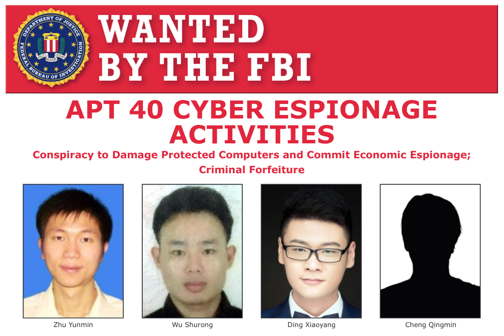 Quatro chineses suspeitos de serem membros do grupo cibercriminoso Hafnium, que operou os ataques de ciberespionagem contra empresas usuárias de servidores Microsoft. Foto: FBI.