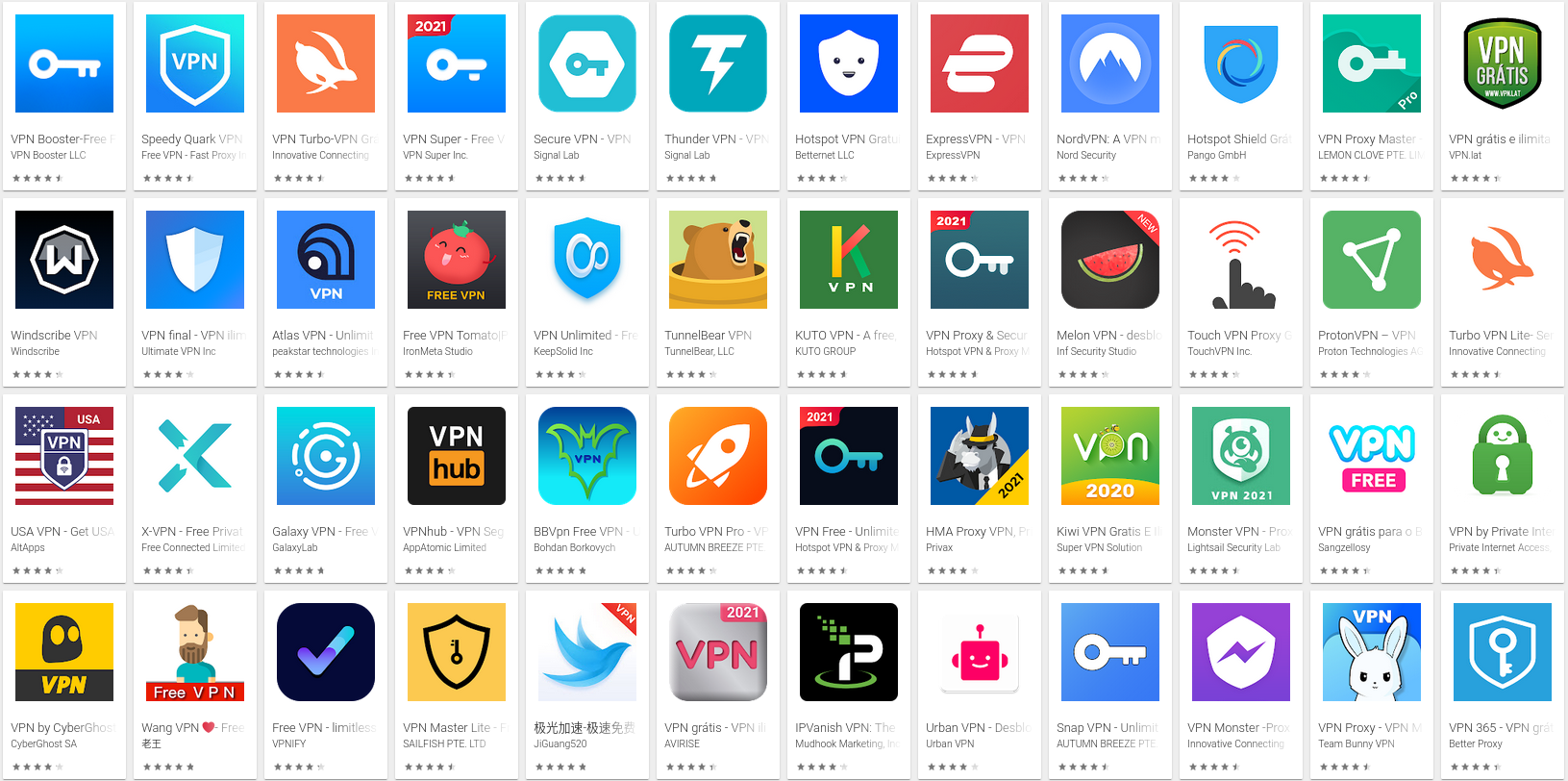 Aplicativos de VPN disponíveis na Google Play. Mas lembre-se de tomar cuidado com os aplicativos disponíveis neste ambiente. Foto: The Hack.