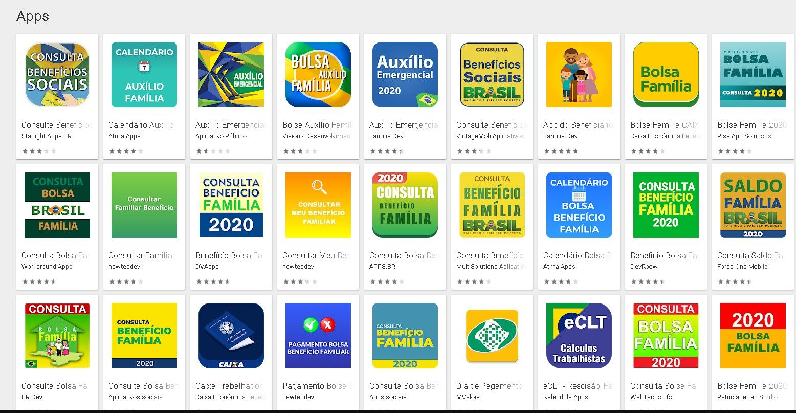 Aplicativos falsos referentes ao Auxílio Emergencial. Foto: Thiago Miro via Twitter.