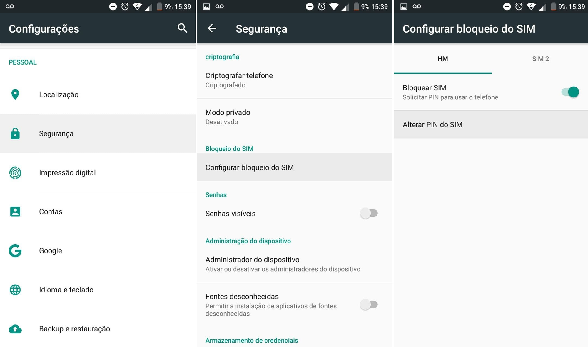 Configurações > Segurança > Configurar bloqueio do SIM. Foto: The Hack.