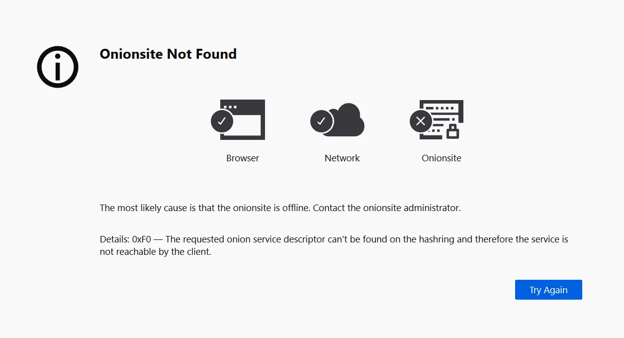 Captura de tela do erro encontrado pela redação do BleepingComputer ao tentar acessar os sites do grupo REvil. Foto: BleepingComputer.