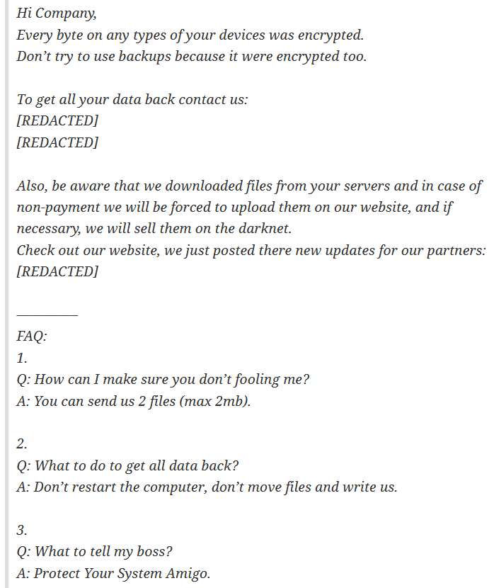 Protect You System Amigo: exemplo de uma mensagem de resgate, típica do ransomware Mespinoza. Foto: EMISOFT.