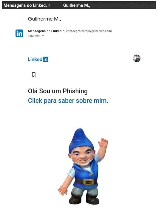 Montagem de capturas de telas da mensagem adulterada, enviada pelo próprio LinkedIn, durante os testes com a The Hack. Foto: The Hack.