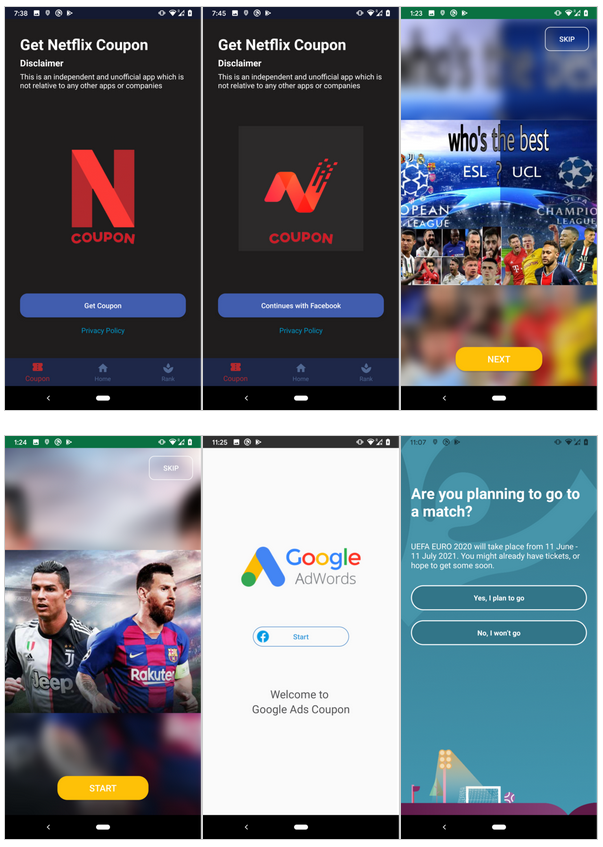 Exemplos de aplicativos falsos distribuidos na operação FlyTrap. Foto: Zimperium.