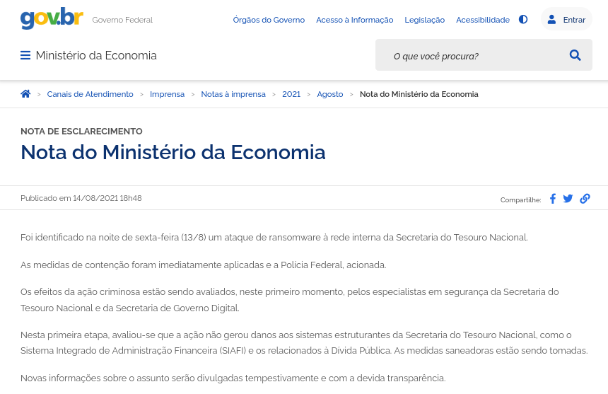 Nota do Ministério da Economia sobre a infecção por ransomware identificada na sexta-feira (13). Grupo cibercriminoso responsável pelo ataque não foi identificado. Foto: The Hack.
