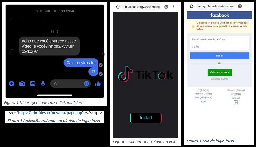 Campanha começa com uma mensagem tradicionalmente utilizada em campanhas de phishing. Depois, pede que o usuário baixe o aplicativo TikTok e logue com suas credenciais do Facebook. Foto: Pesquisador anônimo.
