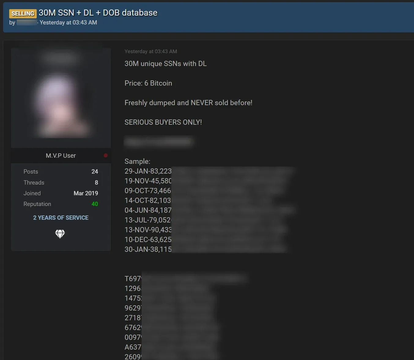 Captura de tela do anúncio da venda do banco de dados. Foto: BleepingComputer.