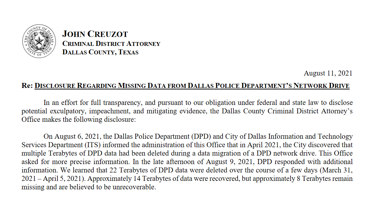 22 terabytes é 22 mil gigabytes. 8 terabytes é 8 mil gigabytes. Foto: Criminal District Attorney.