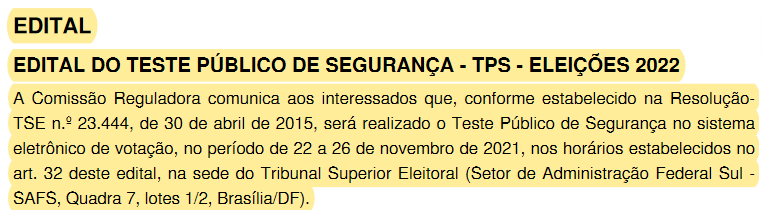 Capa do edital da sexta edição do TPS do TSE. Foto: The Hack.