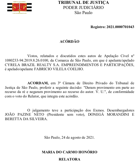 Captura de tela da capa do documento que retira a Cyrela da obrigação de pagar pela multa de R$ 10 mil, aplicada em setembro de 2020. Foto: The Hack.