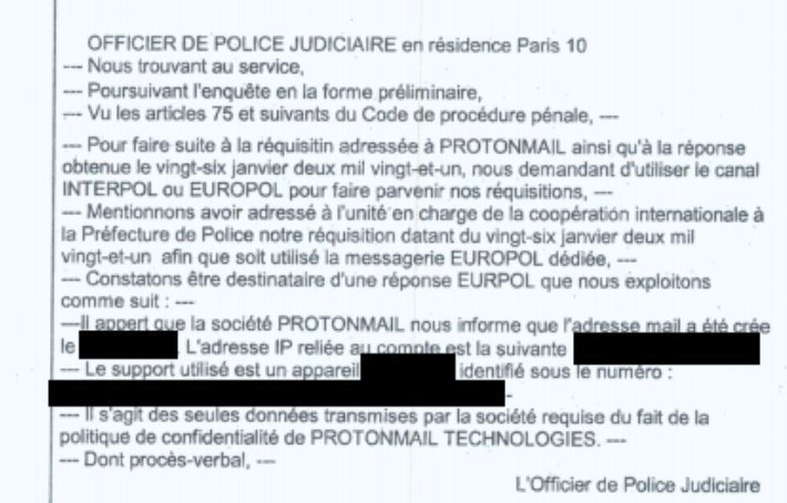 Captura de tela do processo que prendeu os manifestantes revela que empresa teria trabalhado em parceria com a Polícia da Suíça, para fornecer endereços de IP e outros dados à Polícia da França. Foto: onestla.tech via Twitter.