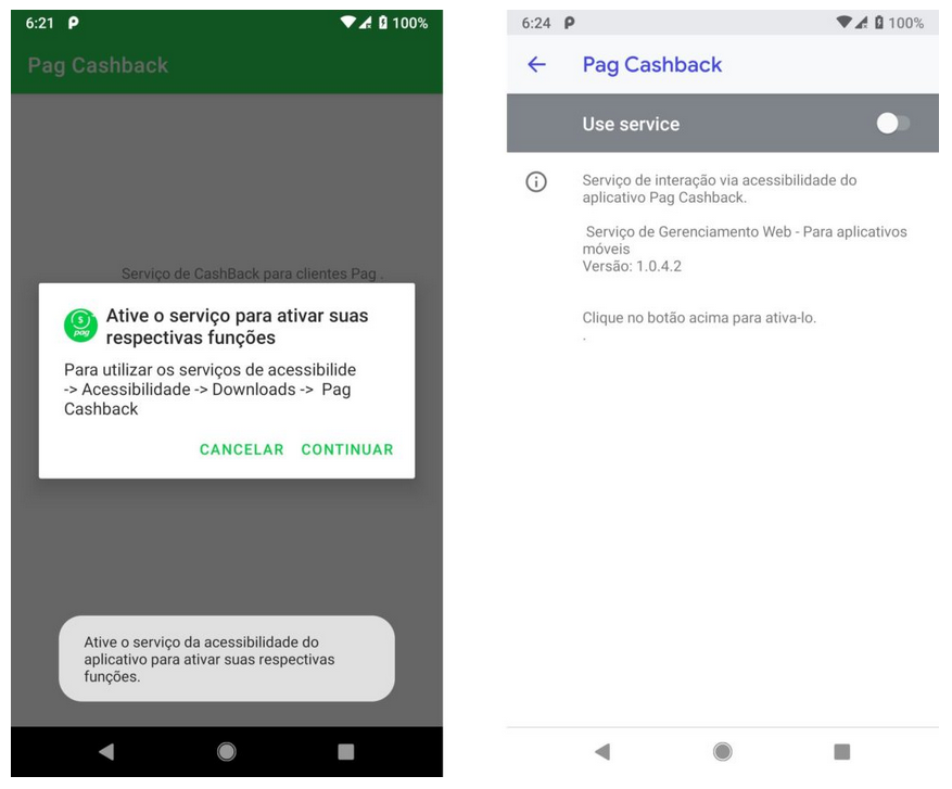 Exemplos dos dois aplicativos maliciosos, encontrados na Google Play Store, que precisam dos recursos de acessibilidade para funcionar. Foto: Check Point Research.