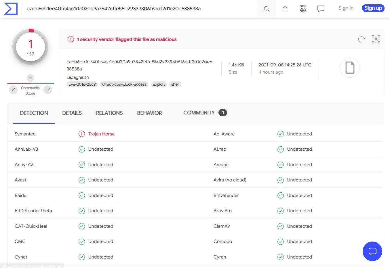 Segundo a AT&T, que forneceu o link desta página do VírusTotal, apenas um fabricante de antivírus detectou código malicioso em um arquivo infectado com um malware do TeamTNT. Foto: The Hack