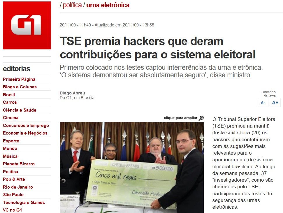 Pesquisador levou para casa R$ 5 mil reais pela falha encontrada. Modelo de prova com primeiro, segundo e terceiro colocado foi abandonado na segunda edição do evento. Foto: Reprodução/G1.