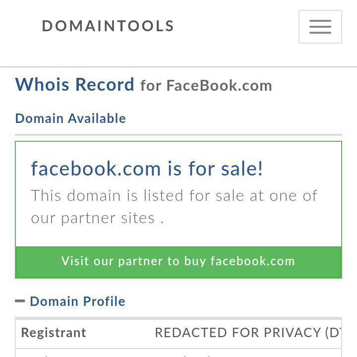 Serviço de registro de domínios indica Facebook[.]com como disponível para compra.