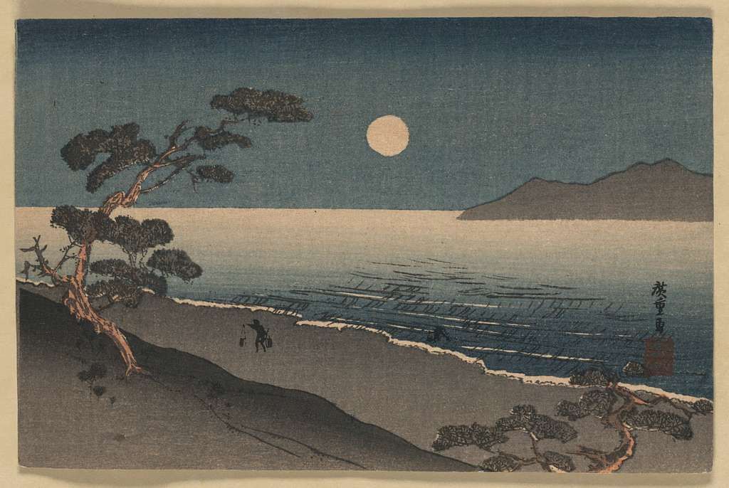 a japanese print of the moon over the ocean