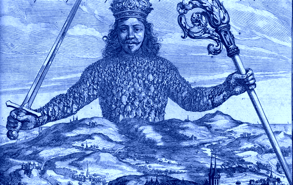 the cover of hobbes' leviathan, depicting a huge king whose body is made up of the people who have surrendered their sovereignty to him
