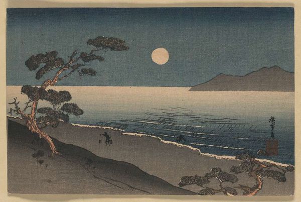 a japanese print of the moon over the ocean