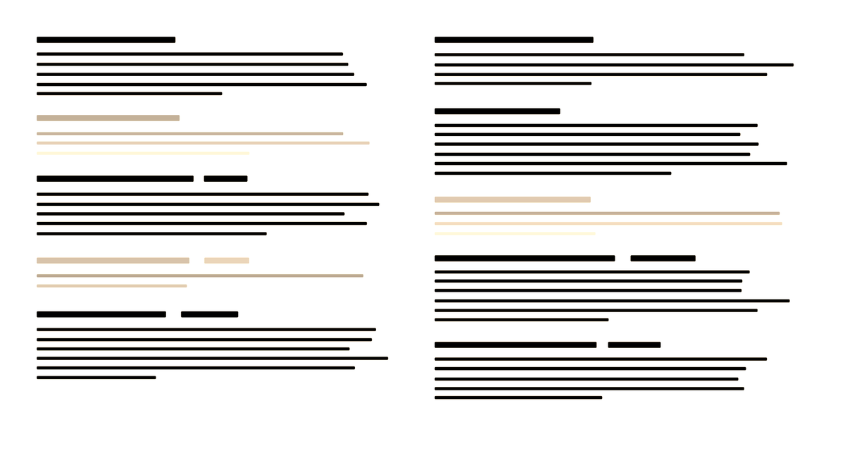 Two columns of stylized legal text on a cream page, rendered as ink bars. Most lines are crisp and solid, while several fade toward blank, identical in form but empty.