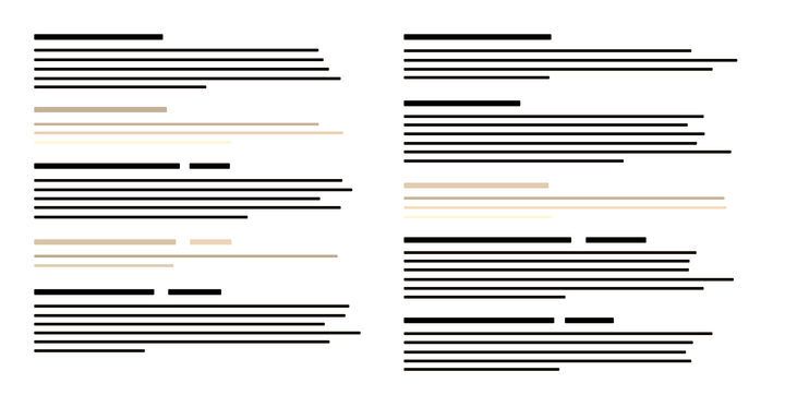 Two columns of stylized legal text on a cream page, rendered as ink bars. Most lines are crisp and solid, while several fade toward blank, identical in form but empty.