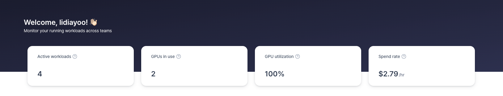 활성 워크로드 수, 사용 GPU 수, GPU 사용률, 시간당 비용 요약 카드를 보여주는 홈 대시보드