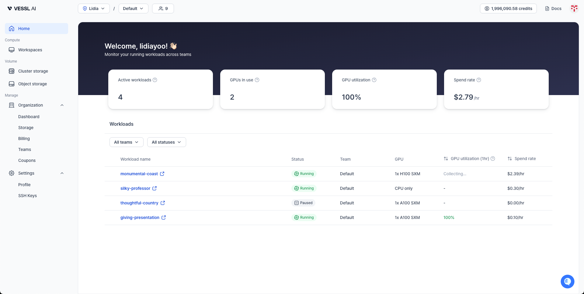 VESSL Home Dashboard overview showing active workloads, GPUs in use, utilization, and spend rate
