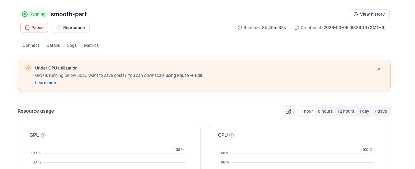 Low GPU utilization banner suggesting downscaling to save costs