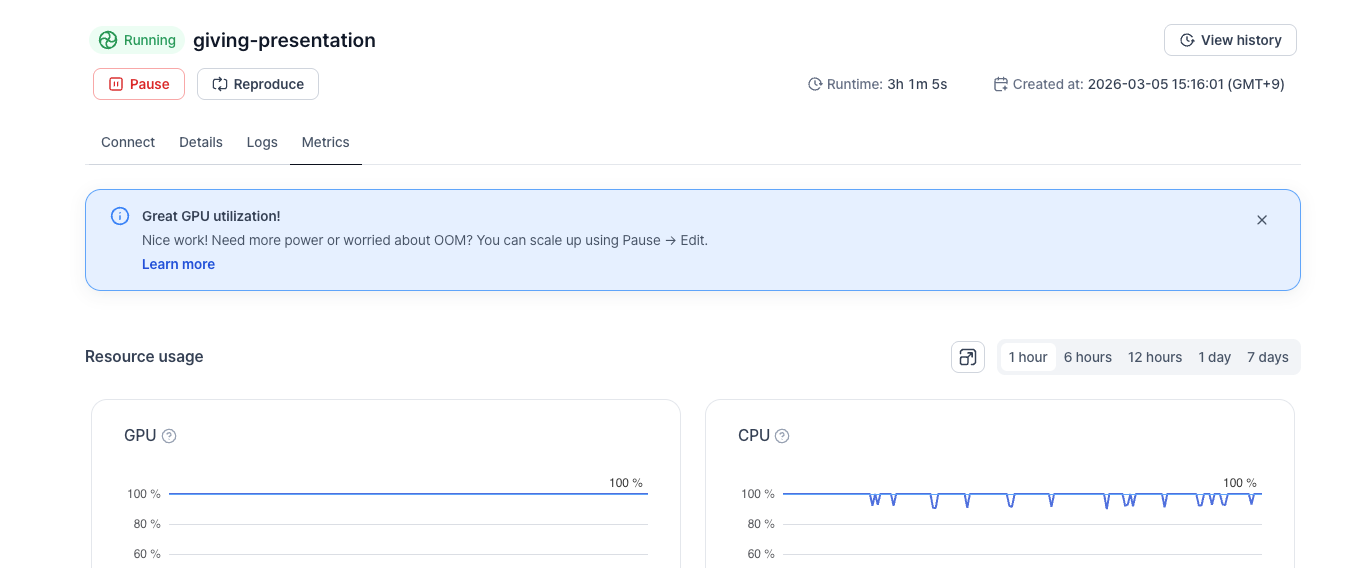 High GPU utilization banner suggesting scaling up to avoid bottlenecks