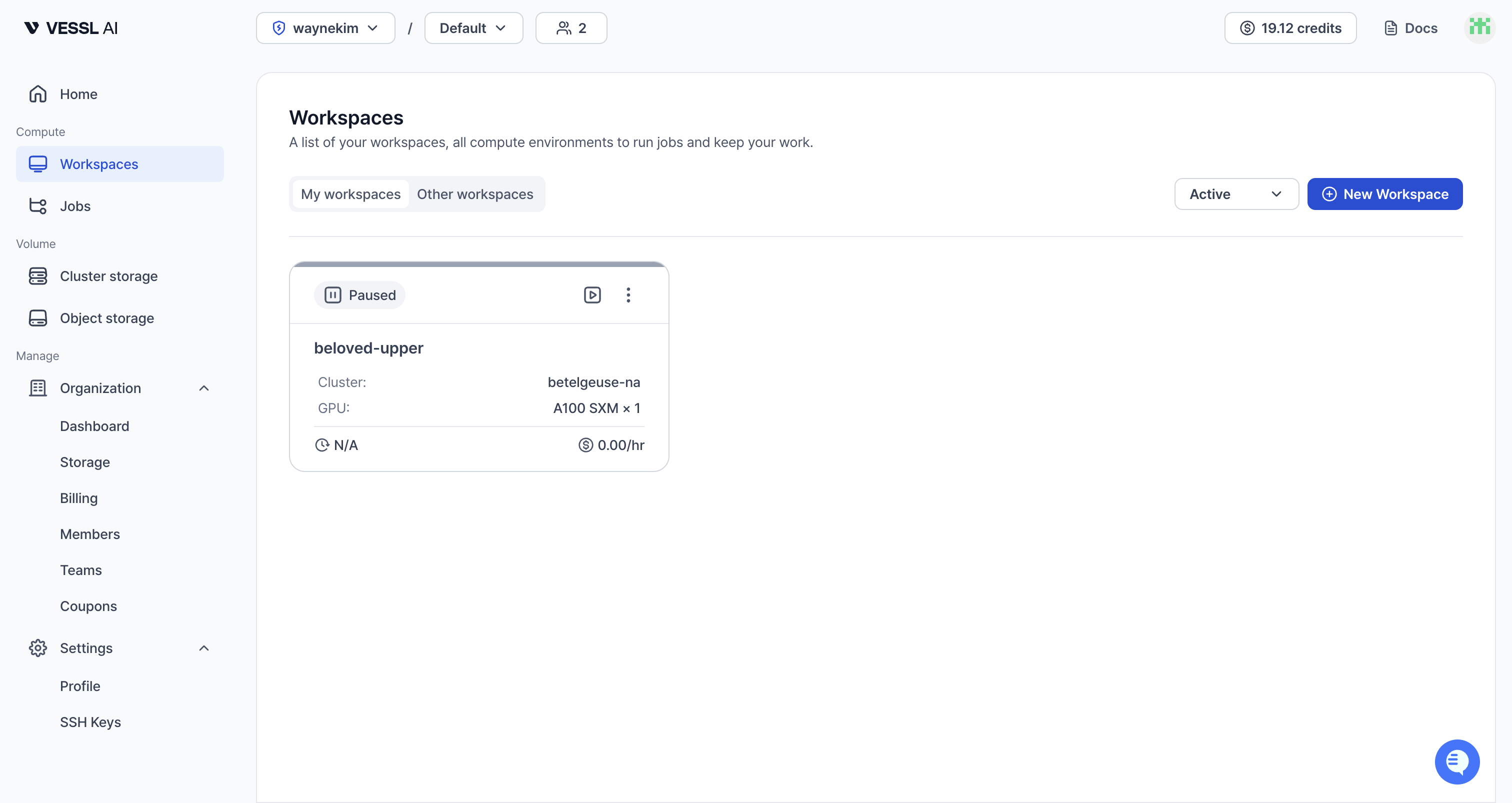 VESSL Cloud Workspaces 목록 - A100 SXM 1장 할당