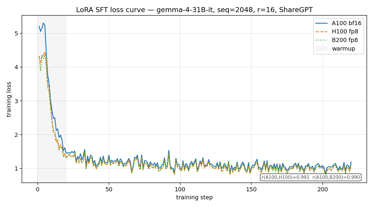 LoRA fine-tuning loss curves converging on A100, H100, and B200