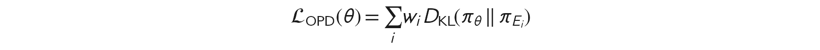 DeepSeek's on-policy-distillation objective: the loss equals a weighted sum over teachers i of the KL divergence between the student policy and each expert teacher policy.