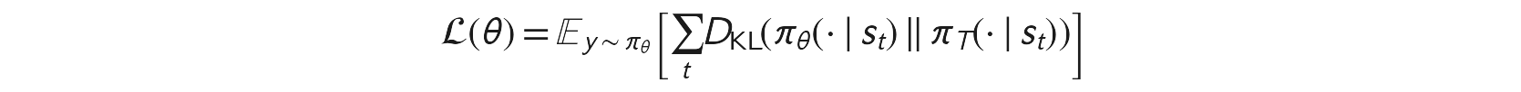 OPD 목적함수: L(theta)는 student로부터 샘플링된 y에 대한 기댓값으로, 상태 s_t에서 student와 교사의 다음-토큰 분포 사이 KL 발산을 토큰 t에 대해 합한 것.