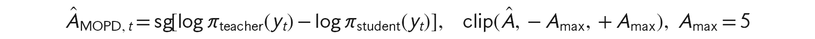 Policy-gradient MOPD advantage: A-hat at token t equals stop-gradient of (log teacher-probability of y_t minus log student-probability of y_t), clipped to plus or minus A_max, with A_max equal to 5.