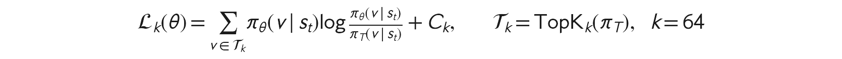 Top-k reverse-KL loss: a sum over the teacher's top-k token set T_k of the student probability times the log-ratio of student to teacher probability, plus a correction term C_k, with T_k the teacher's top-64 tokens.