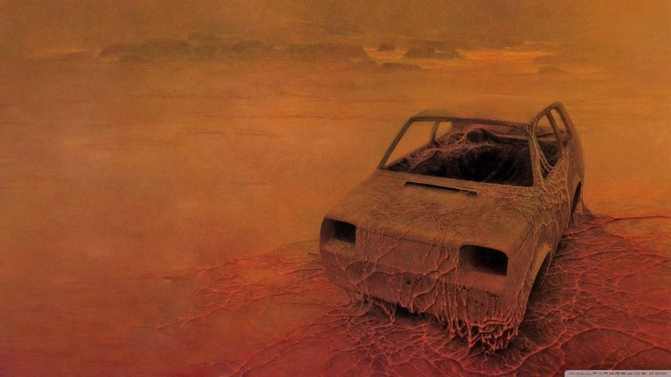 Zdzisław Beksiński - Untitled. Car in a post-apocalyptic landscape with strange tendrils growing on it. 