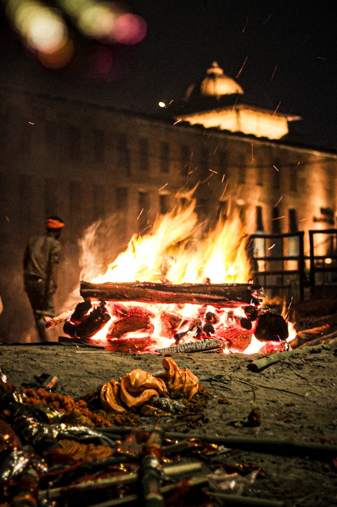 Photograph by Shreesh — a burning pyre at Manikarnika Ghat, Banaras at night